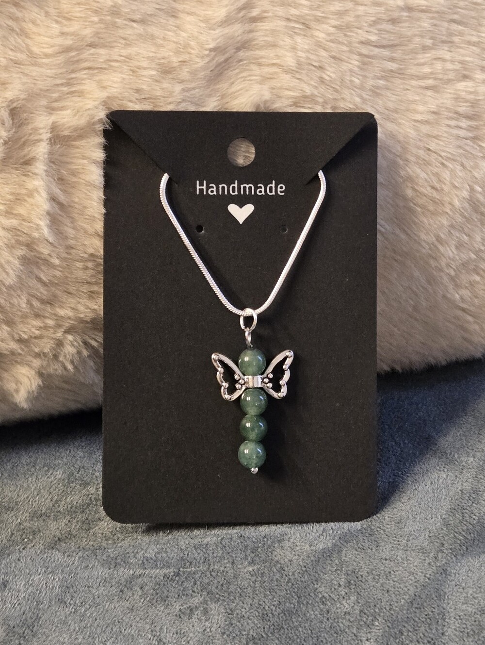 Green Aventurine Beaded Silver Angel Necklace - Hand Crafted